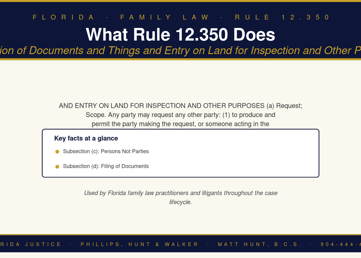 Florida Family Law Rule 12.350 infographic — Phillips, Hunt & Walker / Florida Justice
